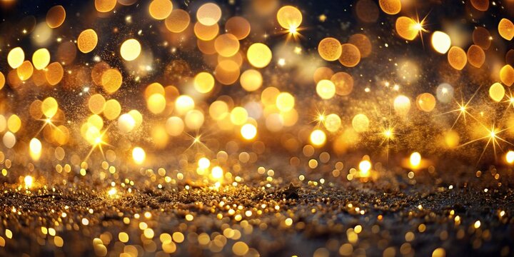 Glittering vintage lights background with golden light shine particles and bokeh on a dark background, ideal for creating a festive and glamorous atmosphere 