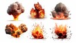 © NeuralStudio - Abstract background with fiery explosions set. Glowing bomb explode throwing with dust clouds and sparks. Destruction burst with fire energy. Header illustration for banner design. Generative AI.
