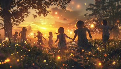 A group of children are running through a forest by AI generated image