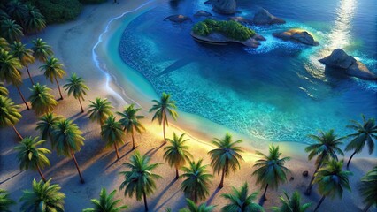 Wall Mural - Beautiful aerial view of a sandy beach shore with crystal clear blue waters and palm trees 