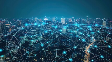 Photo of a big data network connection with a city skyline at night, depicting a digital technology concept background. Wide angle lens with natural lighting.