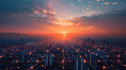 Wall Mural - Photo of a big data network connection with a city skyline at night, depicting a digital technology concept background. Wide angle lens with natural lighting.