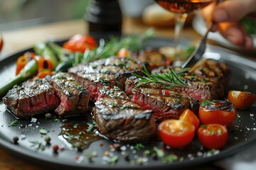 Wall Mural - A plate of meat with tomatoes and herbs