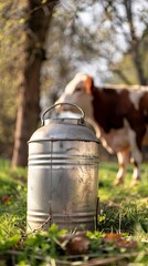 Realistic closeup of a traditional milk can, with a content cow grazing in the background