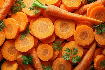 Wall Mural - A close up of a pile of carrots with some of them cut in half