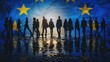 © Business Pics - Election in Europe. Silhouettes of people on the background of the flag of the European Union.