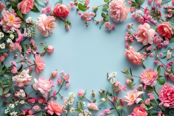 a beautiful bouquet of pink flowers is arranged in a circle on a blue background