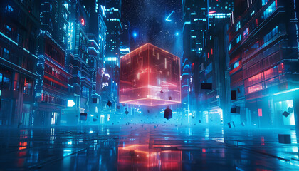 Wall Mural - A cityscape with a red cube in the middle by AI generated image