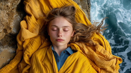 Wall Mural - A girl is sleeping on a blanket with her head on a rock