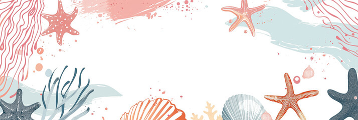 Wall Mural - Sea life banner with starfish, coral, and shells in pastel colors. Panoramic web header. Wide screen wallpaper with copy space
