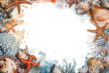 Wall Mural - Marine frame with starfish, seashells and coral in various colors