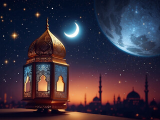 Wall Mural - Ramadan background with Lantern with a crescent in the background
