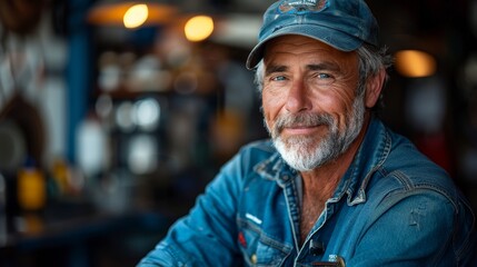 A man in denim attire sitting thoughtfully in a blurred bar or cafe environment, possibly reflecting or waiting