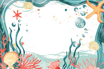 Wall Mural - Underwater marine frame with starfish and seashells swirling around white background with copy space
