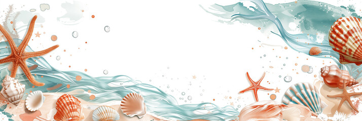 Wall Mural - Underwater marine sea life with seashells, starfish, and seaweed banner. Panoramic web header. Wide screen wallpaper