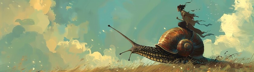 A lone samurai rides a giant snail across a vast field of wheat