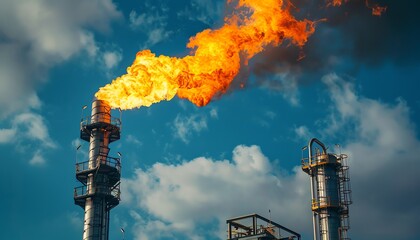 A professional photograph of a flare stack burning off excess gases safely, with the plant s processing units and safety measures clearly visible in the background