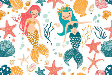 Wall Mural - Cute mermaids, seaweed, shells, and starfish on white background pattern