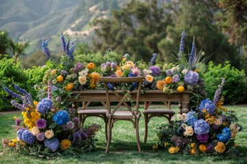 Wall Mural - A table with a beautiful floral arrangement and wooden chairs