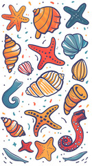 Wall Mural - Pattern with colorful starfish, seashells, coral and seaweed on white background
