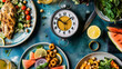 © Eugen - Plates of food are arranged on a table alongside a clock, adding to the ambiance of the scene. Perfect for illustrating mealtime or scheduling concepts. Generative AI.
