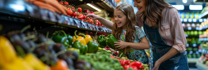 A Caucasian family is shopping for fresh fruits and vegetables in a department store.