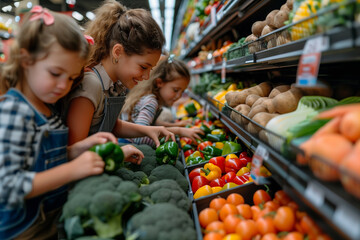 A Caucasian family is shopping for fresh fruits and vegetables in a department store.