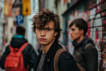 Wall Mural - Handsome young man with trendy hairstyle on urban background.