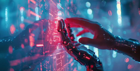 Poster - A illusion connection of cyborg robot hands are featured against a uniform background, illuminated by holographic technology and captivating light effects.