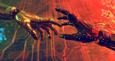 Poster - A illusion connection of cyborg robot hands are featured against a uniform background, illuminated by holographic technology and captivating light effects.