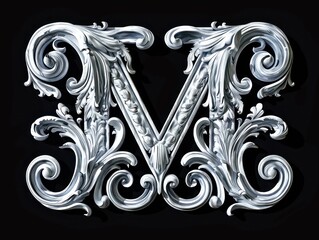 Wall Mural - M letter baroque sculptures scroll, black background