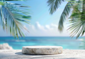 Wall Mural - A stone podium on a blurred background of a blue sea and palm trees