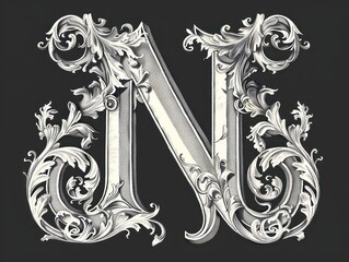 Sticker - N letter baroque sculptures scroll, black background