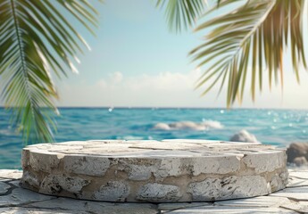 Canvas Print - A stone podium on a blurred background of a blue sea and palm trees, depicting a summer vacation concept, with a banner containing copy space for product presentation