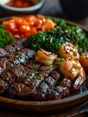 Sticker - Grilled steak and shrimp with vegetables, served on a plate.