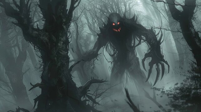 A creepy monster with red eyes is standing in a dark forest