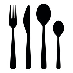 Wall Mural - cutlery - fork, knife, spoon, teaspoon silhouette shape, set of black and white vector illustration