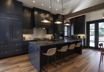 Wall Mural - A dark black kitchen with a sleek, modern design radiates industrial chic and elegant sophistication.