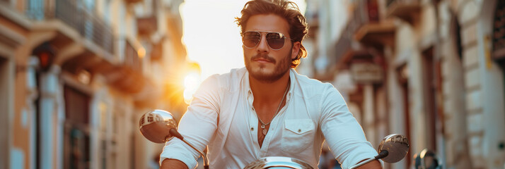 Caucasian man driving a scooter on a street in Italy.