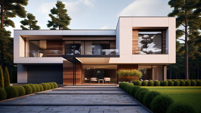 3d rendering of a modern house with garden
