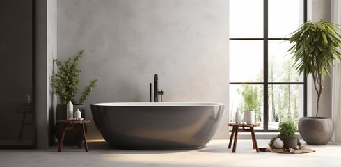 Wall Mural - An eco-friendly minimalist bathroom features a sleek sink, pristine white bathtub, and a window offering ample natural light, creating a serene and inviting space.