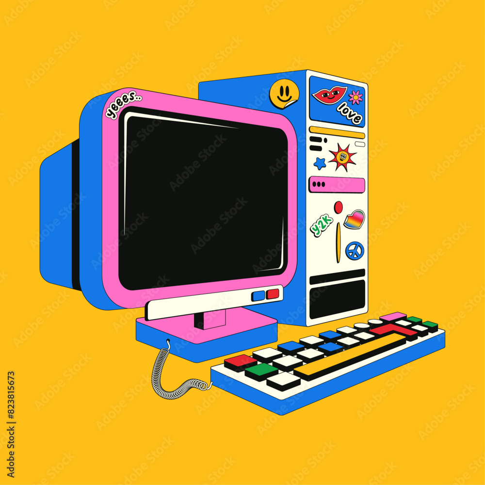Pink 2000s Desktop Computer Old retro computer in Y2k style. Colorful vector illustration of a pink ...
