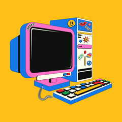 Old retro computer in Y2k style. Colorful vector illustration of a pink computer in isometry covered with cute stickers. Nostalgia for 1990s -2000s.