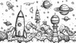 © pakbung - The image shows a black and white cartoon drawing of rockets launching into space