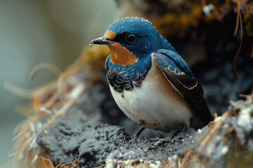 Wall Mural - Illustration of a swallow with a trowel, applying mud to strengthen its nest's foundation.