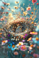 Poster - Artistic rendering of a bird's nest surrounded by a meadow of wildflowers, with swirling lines and bright colors illustrating pollination.