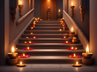 Festive Diwali Night concept with the stairs and diya oil lamp decorations realistic background, design