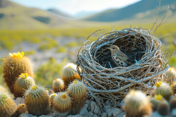 Poster - Abstract composition of a birds nest merging with a desert landscape, with sand dunes and cacti forming part of the nests structure,