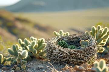 Poster - Abstract composition of a birds nest merging with a desert landscape, with sand dunes and cacti forming part of the nests structure,
