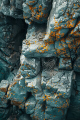 Poster - Abstract composition of a bird's nest blending into a rocky hillside, with moss and lichen adding detailed textures.
